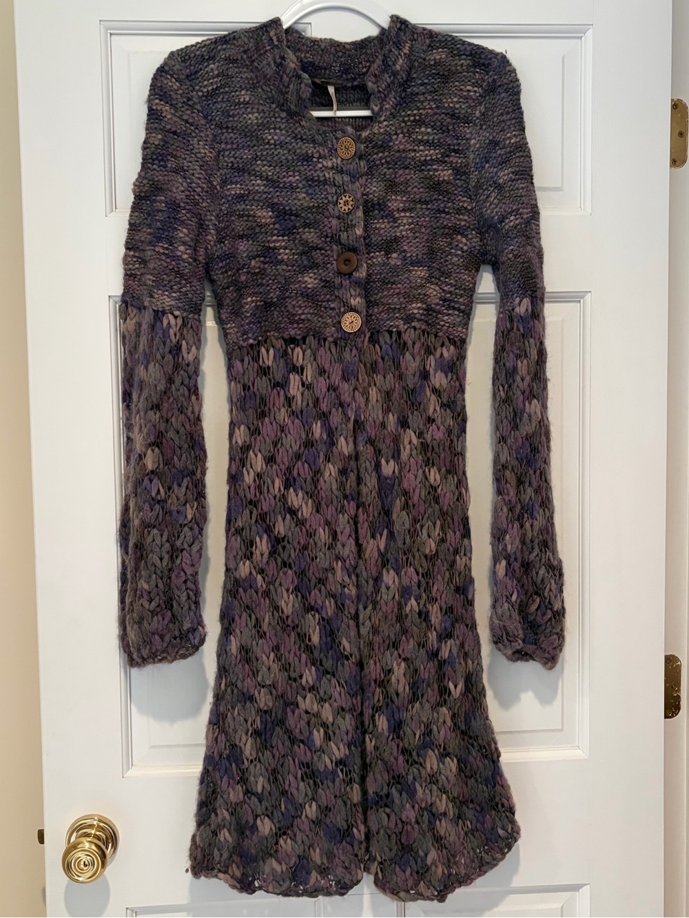 Free People Long Sleeve Textured Wool Cardigan in Heathered Purple and Gray